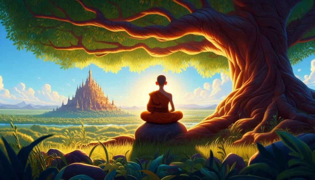 a painting of a goutam buddha sitting on a rock under a tree