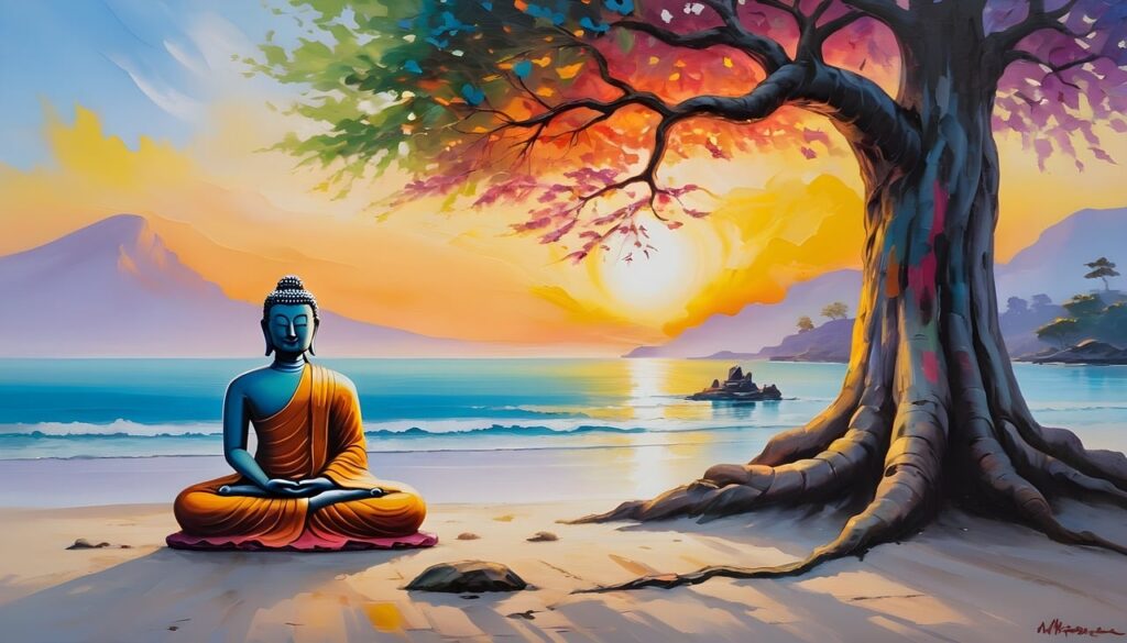 a painting of a goutam buddha sitting in a lotus position under a tree