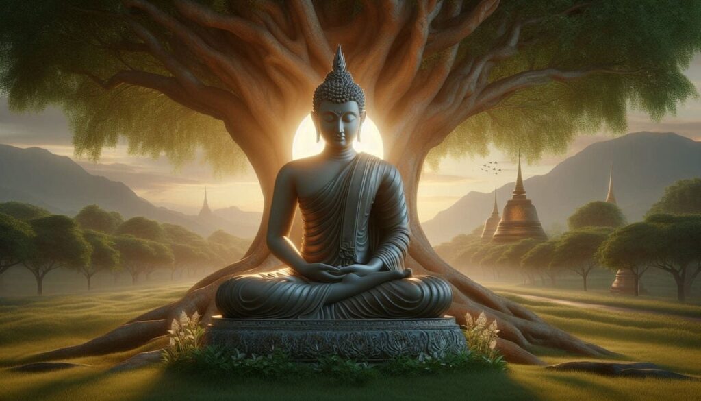 a statue of a person sitting in a lotus position under a tree