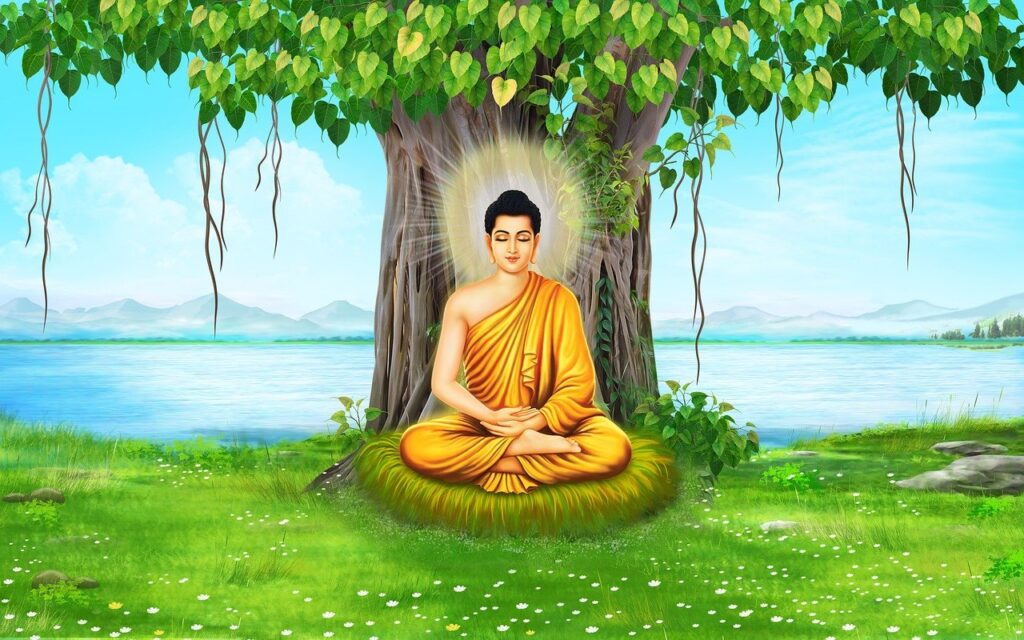 a painting of a buddha meditating under a tree