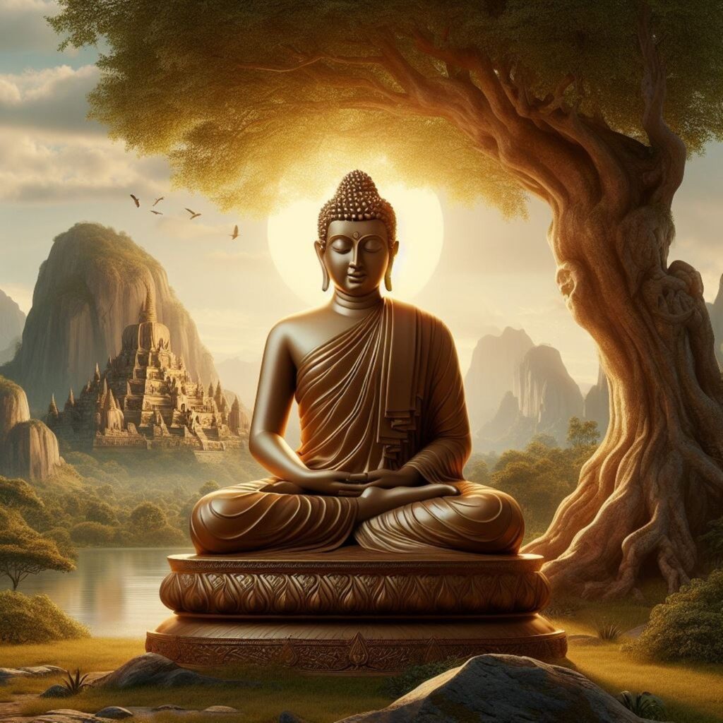 a statue of a buddha sitting under a tree