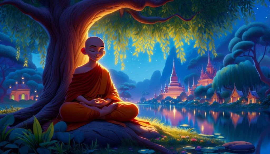 a cartoon of a buddha meditating under a tree