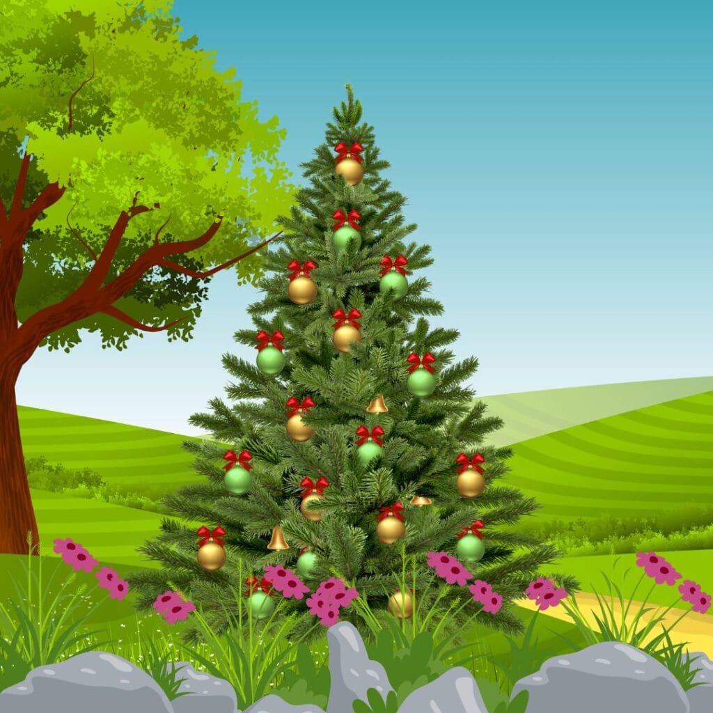 christmas tree and green background with hill